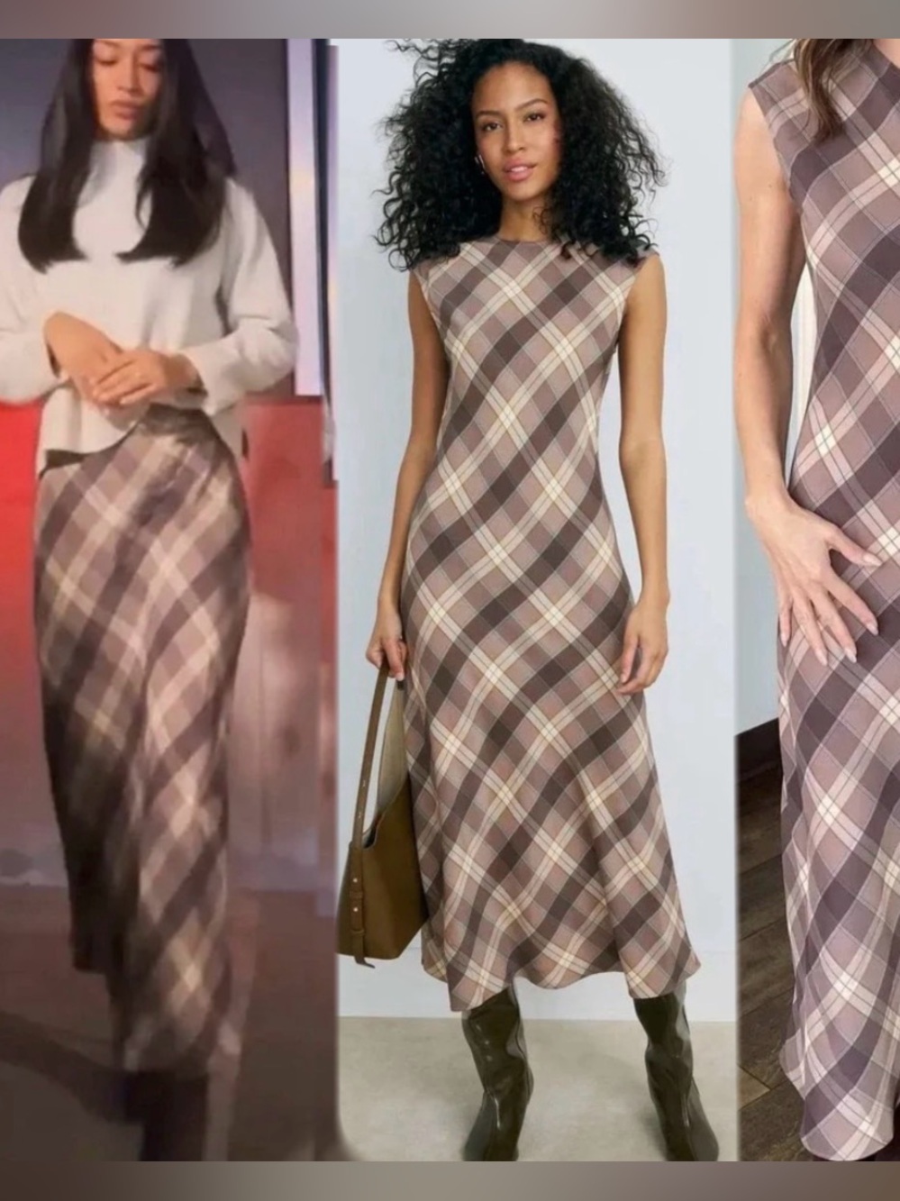 Argent Bias Dress Silk Brown Plaid Sleeveless Maxi Women Size S